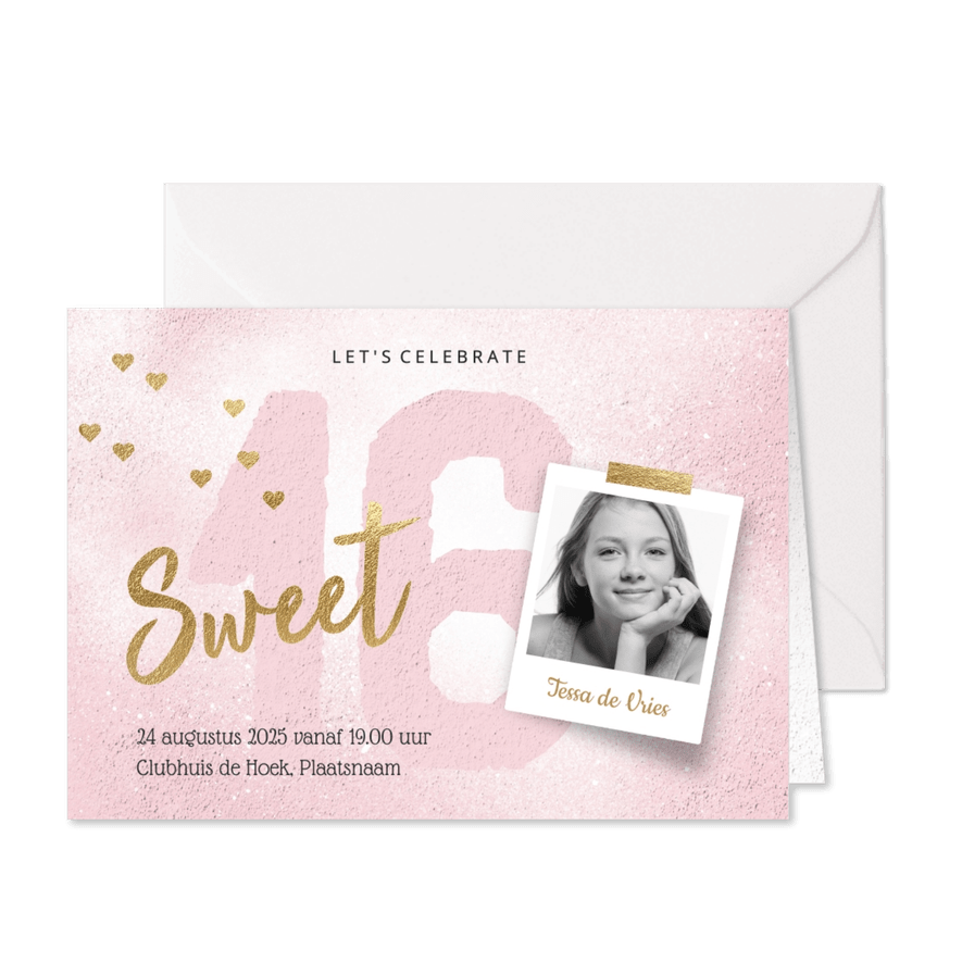 Uitnodiging Sweet Sixteen meisje roze - Kaartimpressie