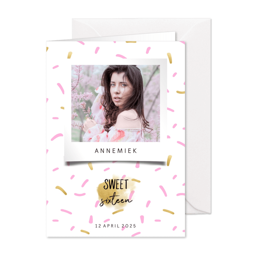 Uitnodiging sweet sixteen met fotokader en confetti - Kaartimpressie