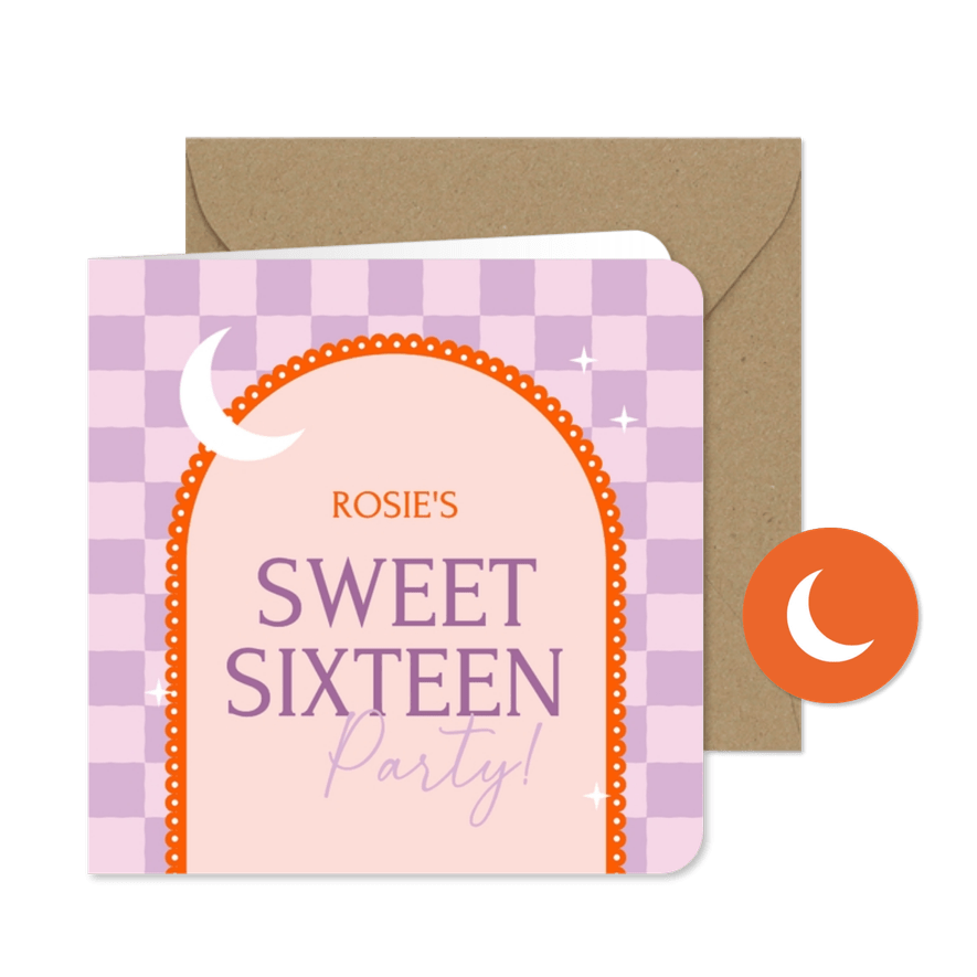 Uitnodiging sweet sixteen paarse ruitjes boogje maan sterren - Kaartimpressie