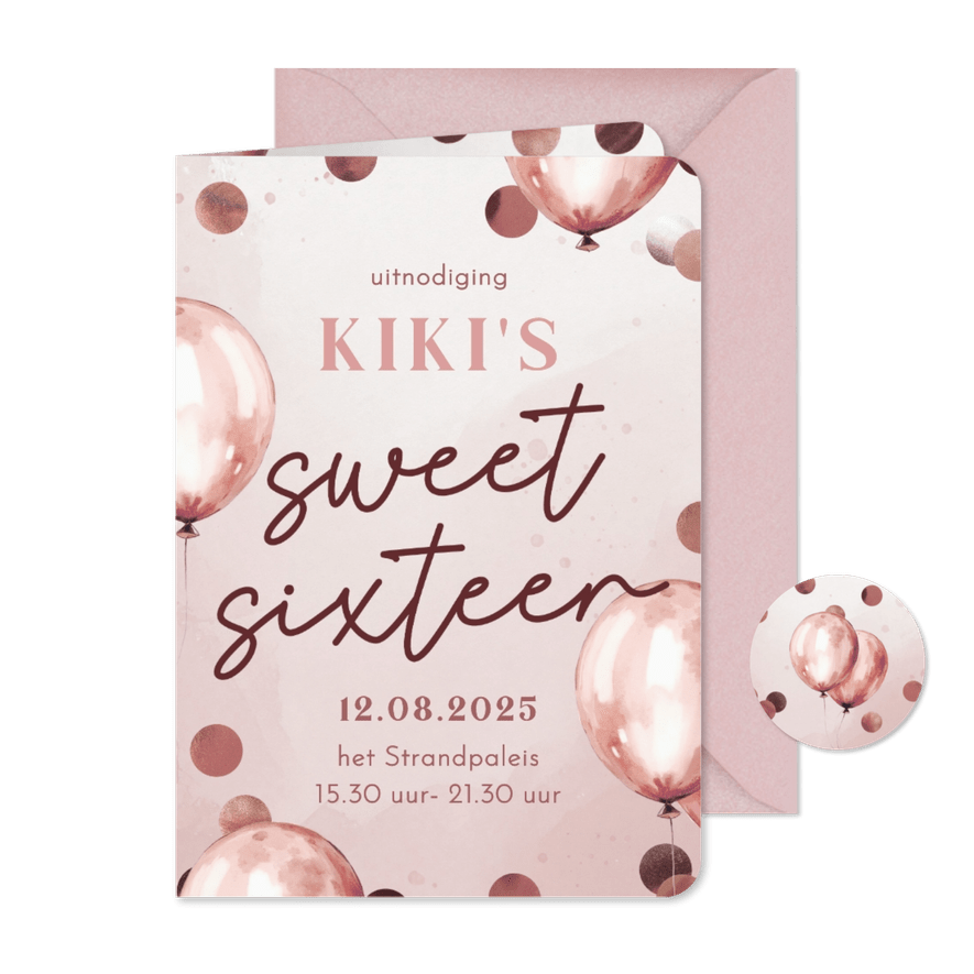 Uitnodiging sweet sixteen roze ballonnen en confetti - Kaartimpressie