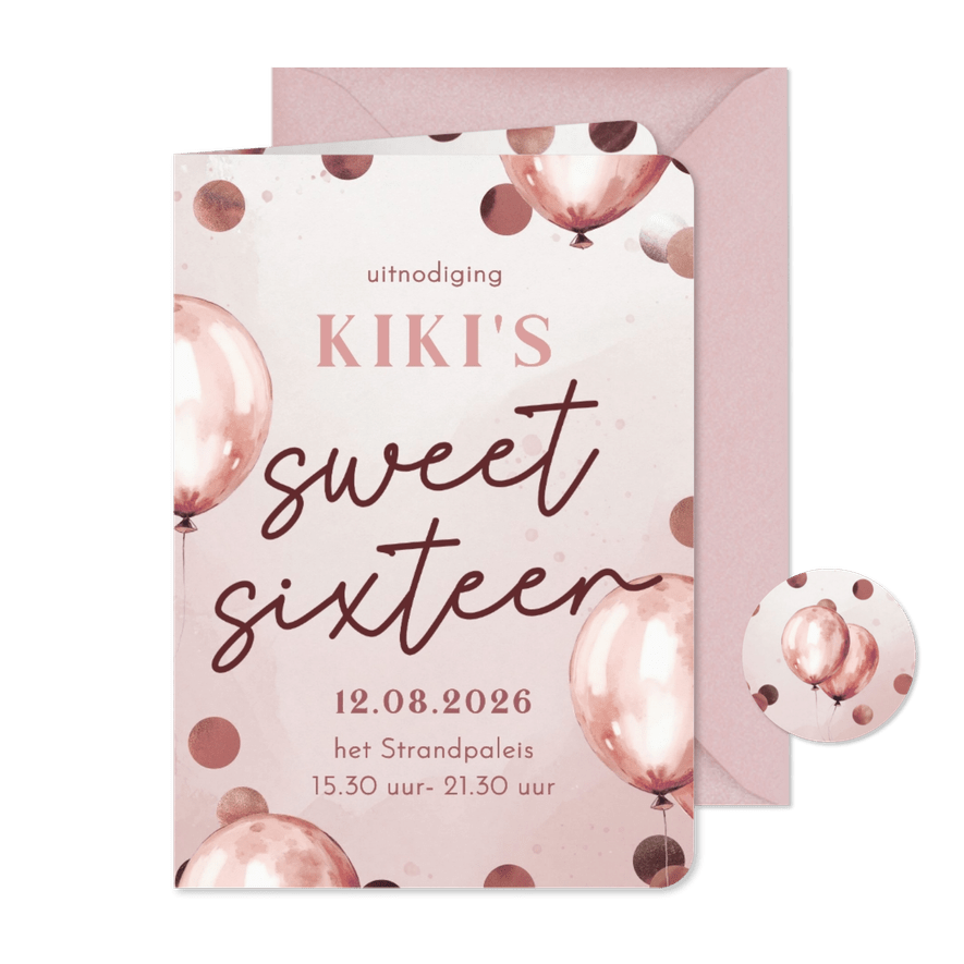 Uitnodiging sweet sixteen roze ballonnen en confetti - Kaartimpressie