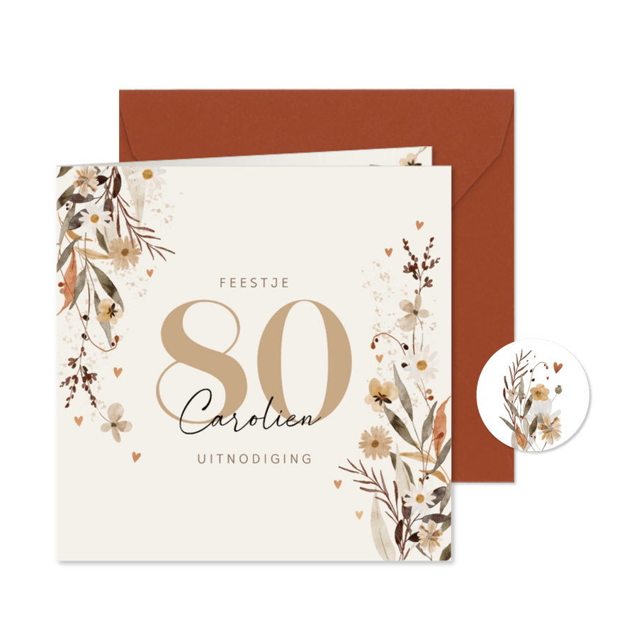 Uitnodiging tachtig jaar met bloemen en hartjes - Kaartimpressie