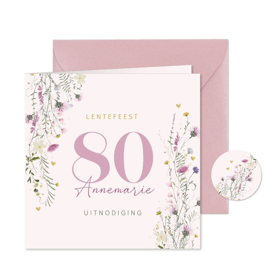 Uitnodiging tachtig jaar met lente bloemen en hartjes - Kaartimpressie
