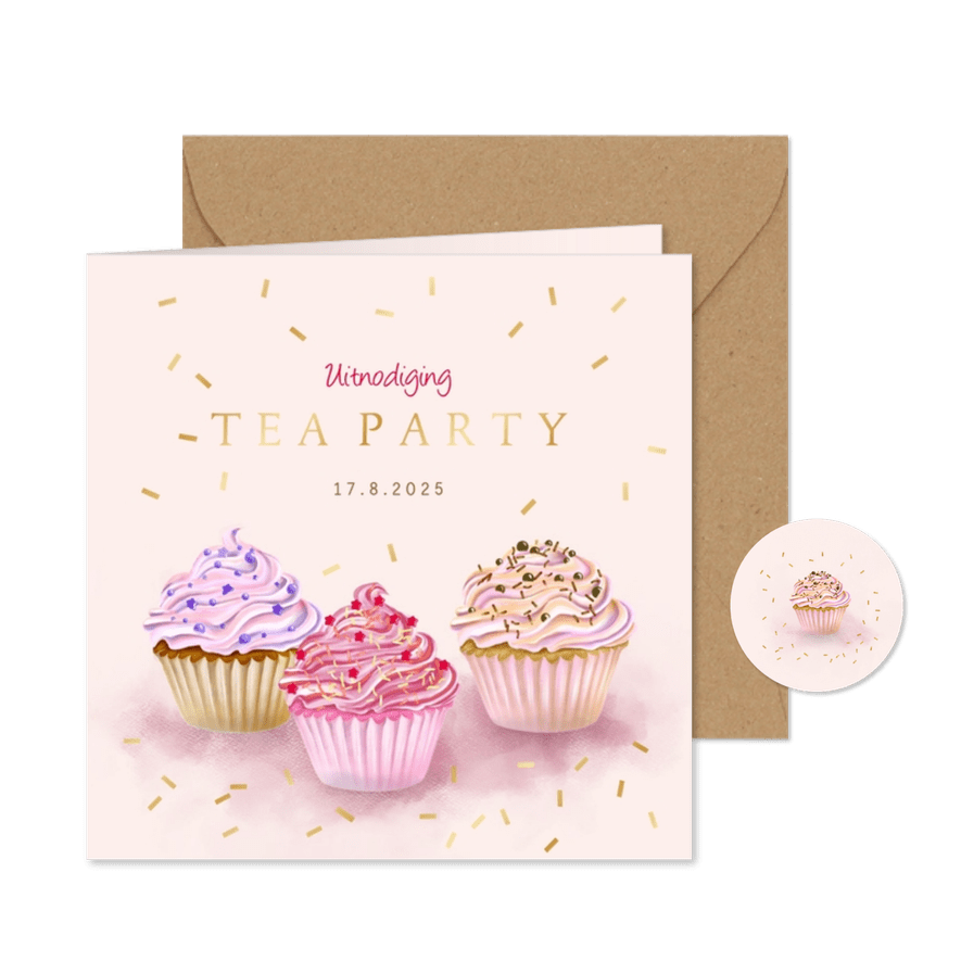 Uitnodiging tea party met cupcakes - Kaartimpressie