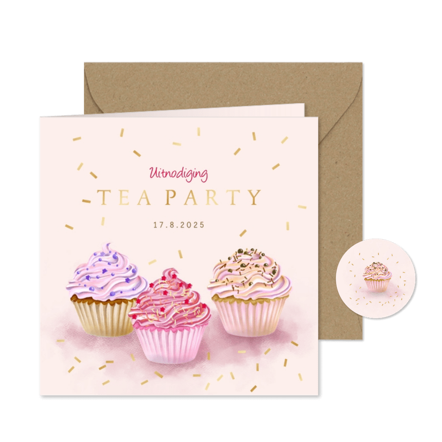 Uitnodiging tea party met cupcakes - Kaartimpressie