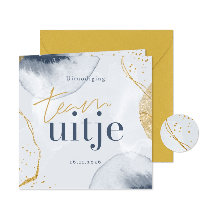Uitnodiging teamuitje stijlvol goud blauw personeel feestje - Kaartimpressie