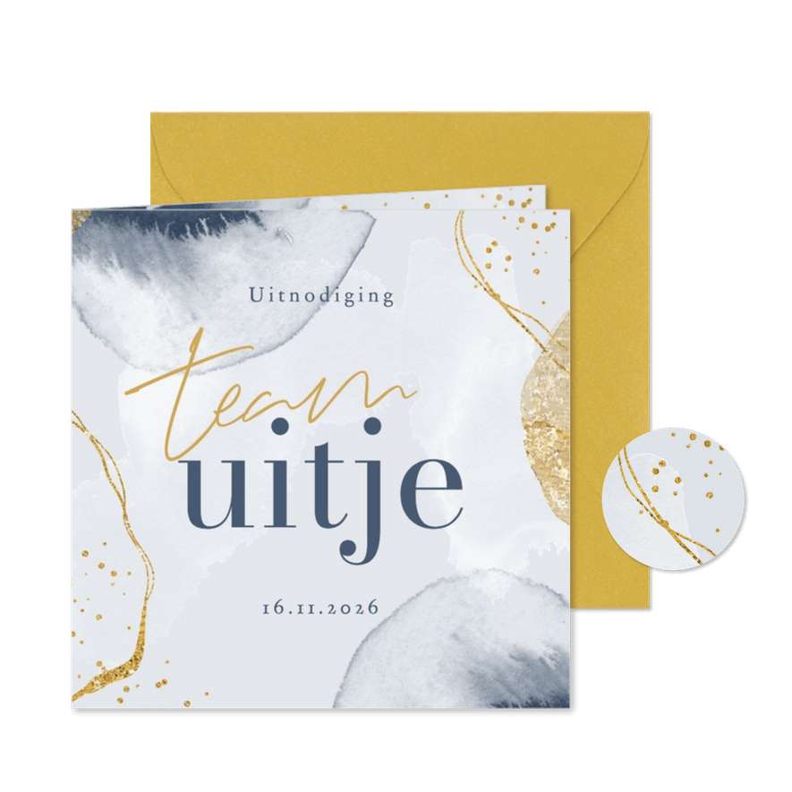 Uitnodiging teamuitje stijlvol goud blauw personeel feestje - Kaartimpressie