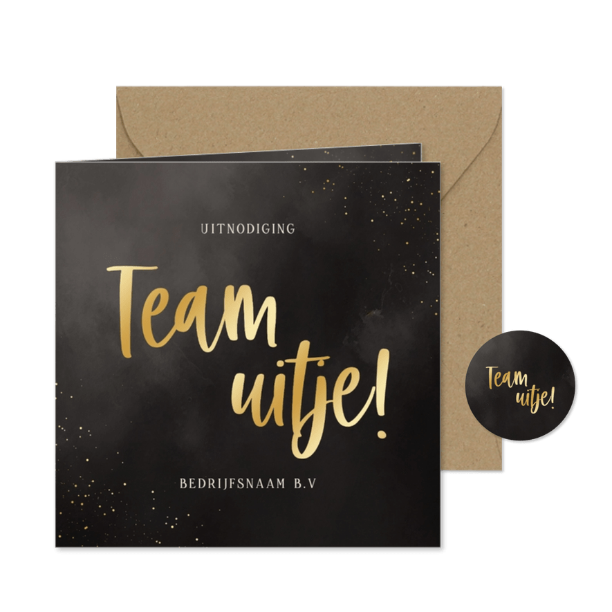 Uitnodiging teamuitje stijlvol met gouden spetters en tekst - Kaartimpressie