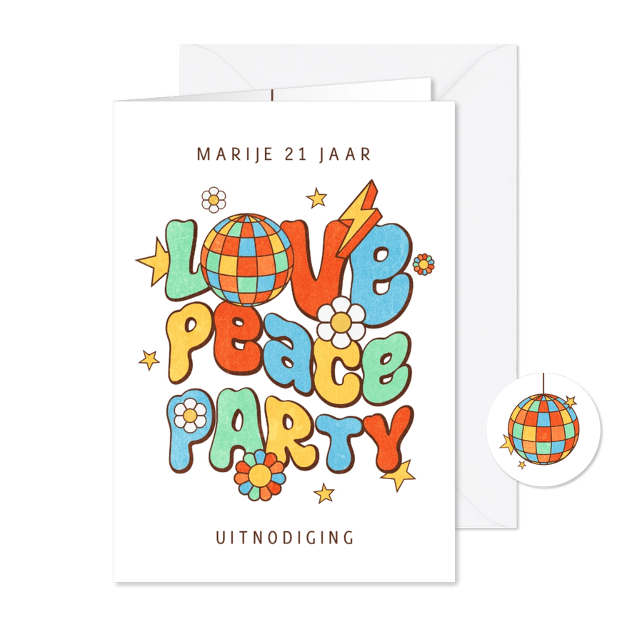 Uitnodiging thema party groovy funky flower power disco - Kaartimpressie