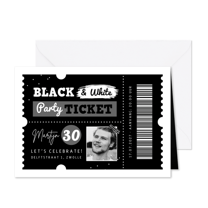 Uitnodiging themafeest black & white ticket foto - Kaartimpressie