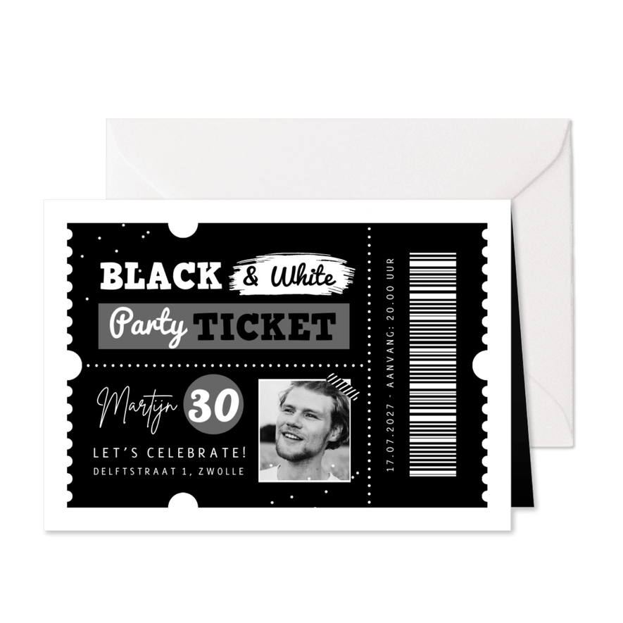 Uitnodiging themafeest black & white ticket foto - Kaartimpressie