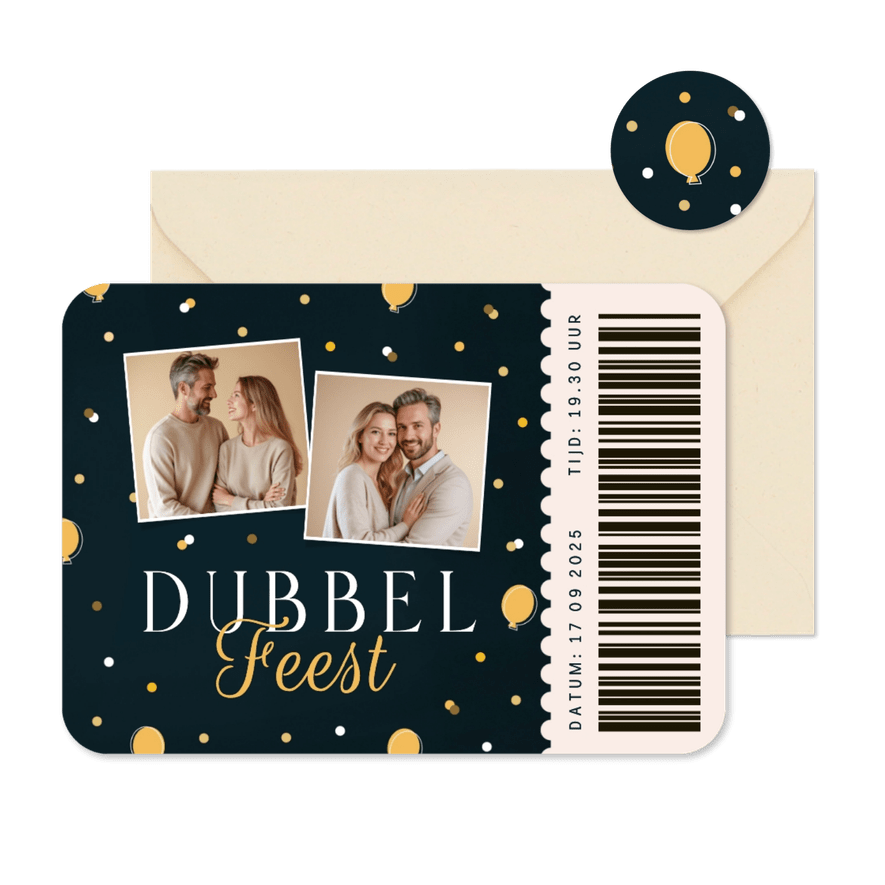 Uitnodiging ticket ballon confetti twee foto's dubbel feest - Kaartimpressie