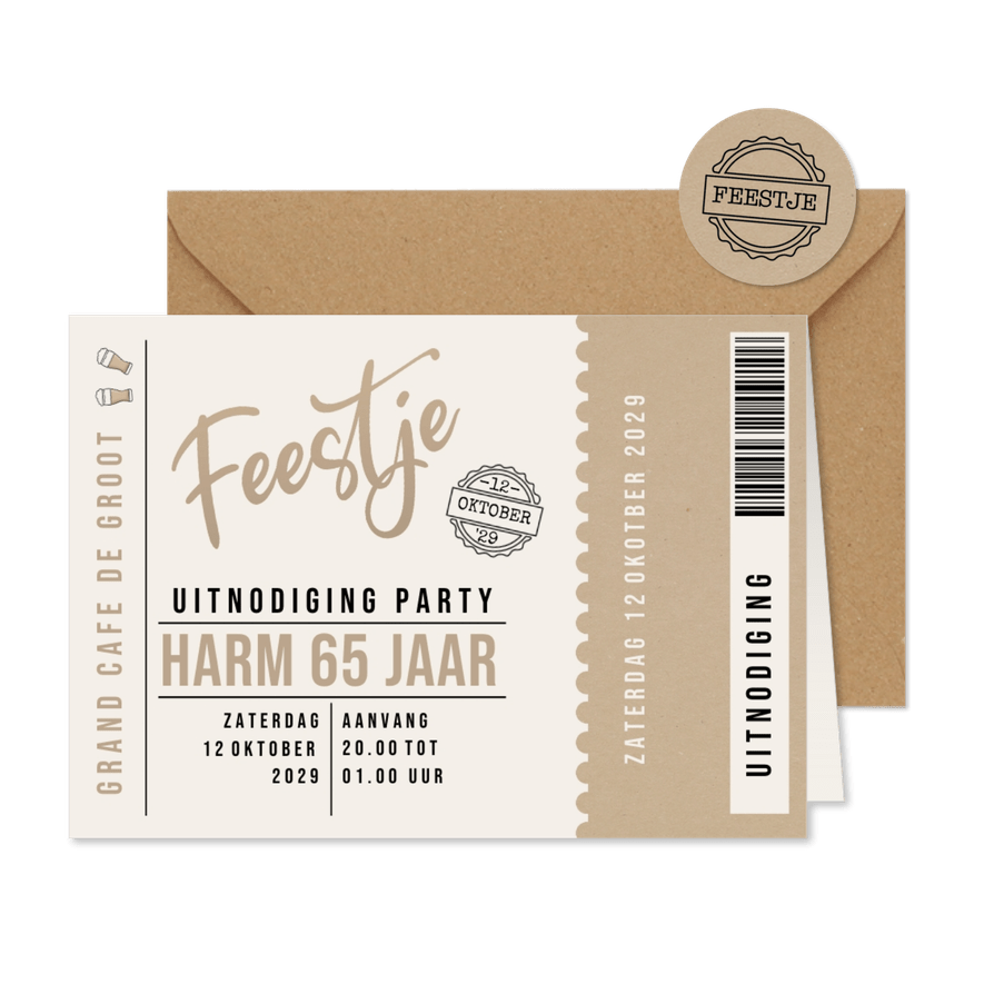 Uitnodiging ticket beige en kraftlook - Kaartimpressie