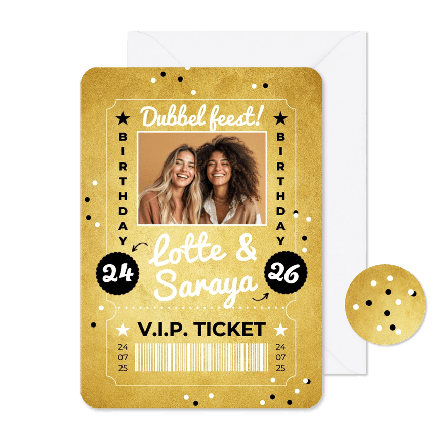 Uitnodiging ticket gold VIP party dubbel feest - Kaartimpressie