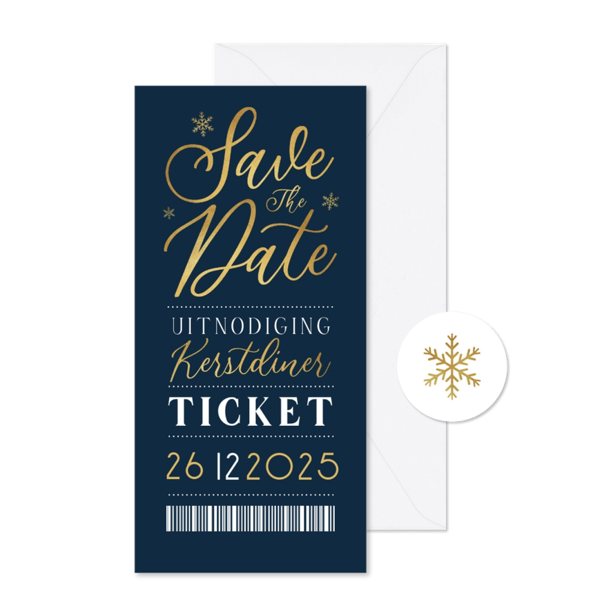 Uitnodiging ticket kerstdiner sneeuwvlokken goud kerstbal - Kaartimpressie