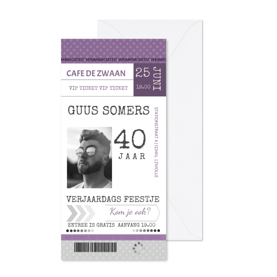 Uitnodiging ticket lang paars - Kaartimpressie