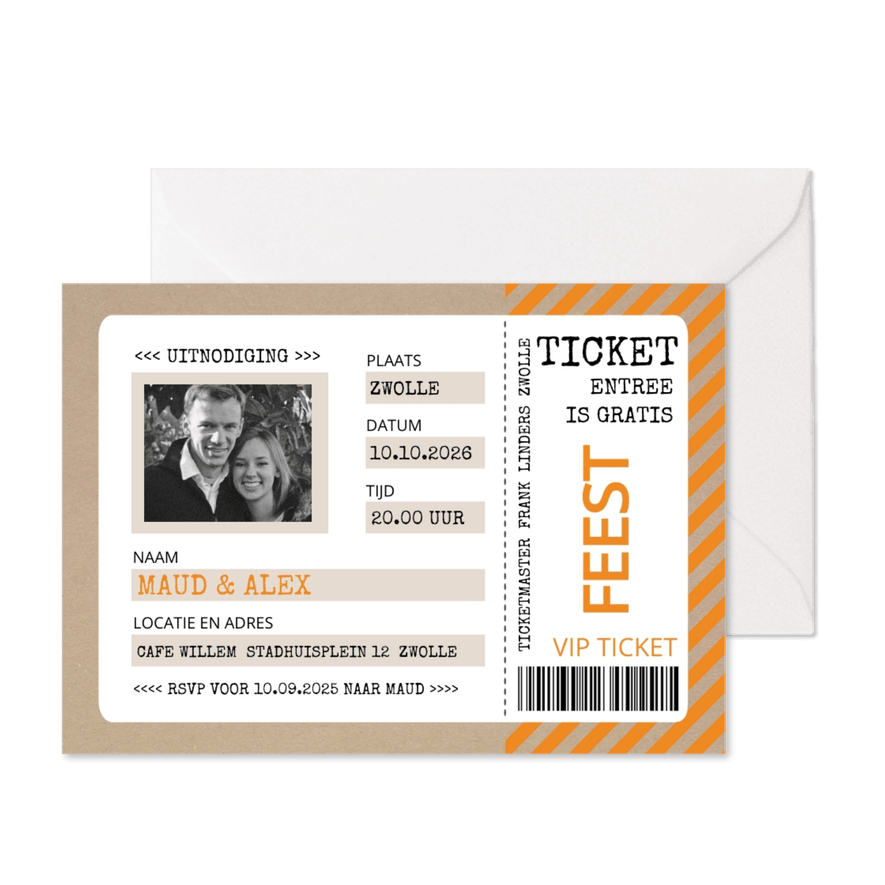 Uitnodiging ticket oranje met kraftlook - Kaartimpressie