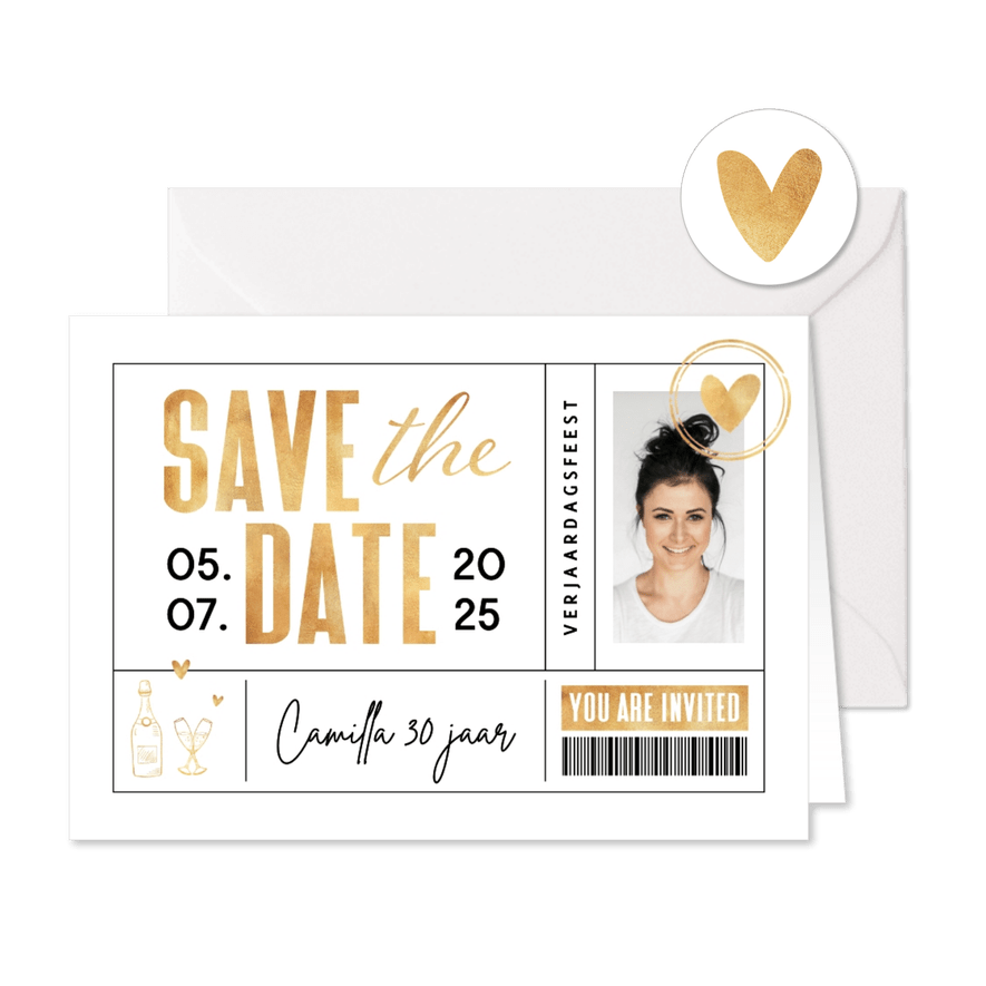 Uitnodiging ticket save the date goud met foto - Kaartimpressie