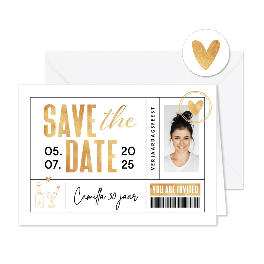 Uitnodiging ticket save the date goud met foto - Kaartimpressie