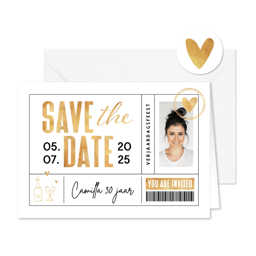 Uitnodiging ticket save the date goud met foto - Kaartimpressie