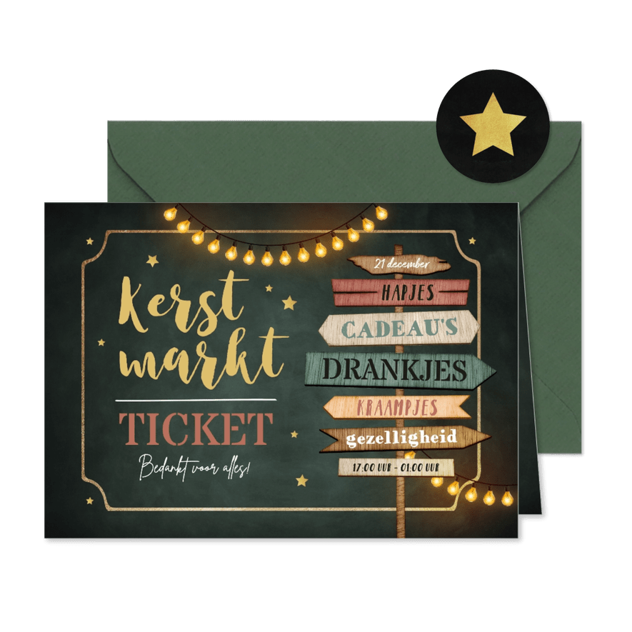 Uitnodiging ticket voor kerstmarkt wegwijzers sterren - Kaartimpressie