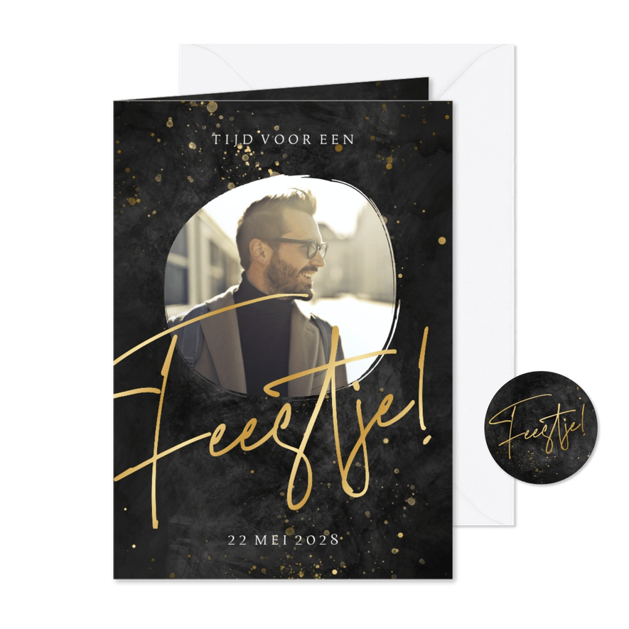 Uitnodiging tijd voor een feestje met foto en goudlook - Kaartimpressie