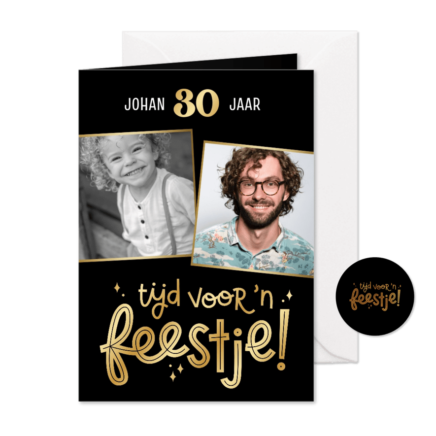 Uitnodiging tijd voor 'n feestje met twee foto's en folie - Kaartimpressie