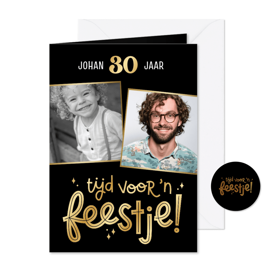 Uitnodiging tijd voor 'n feestje met twee foto's en folie - Kaartimpressie