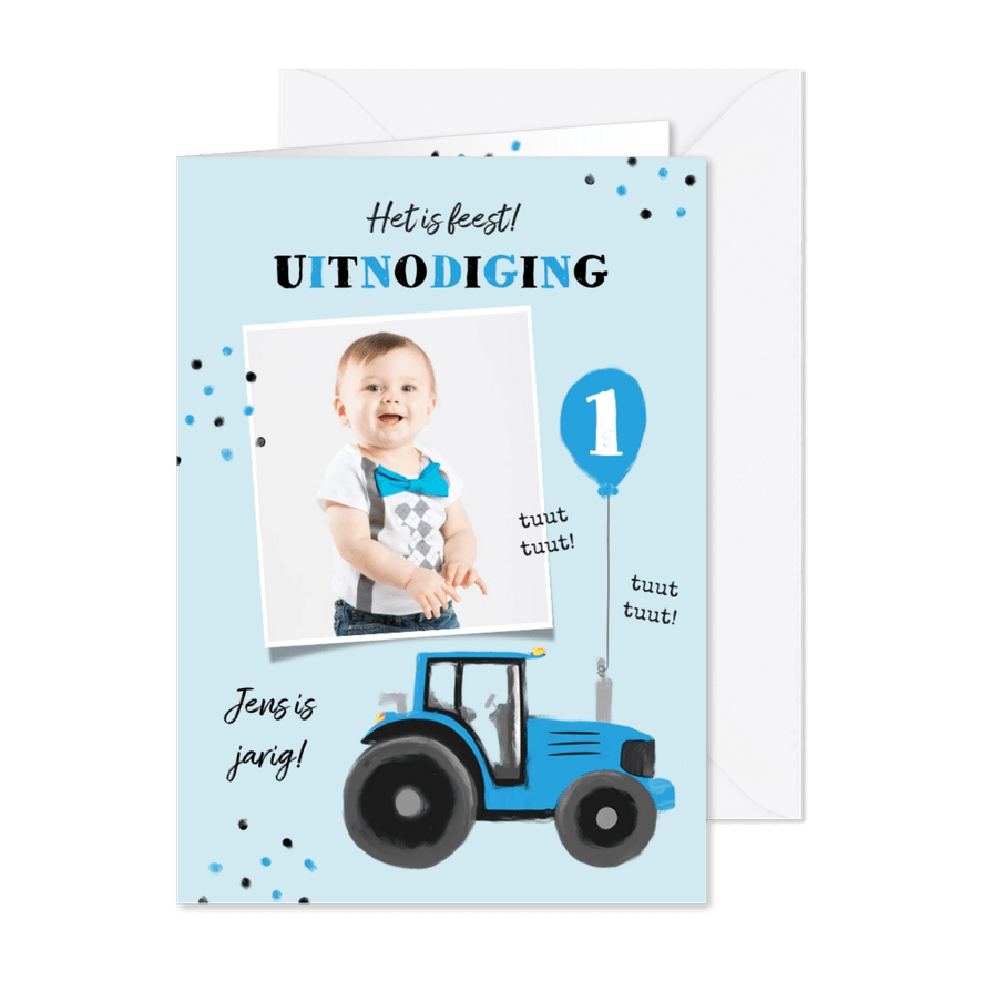 Uitnodiging tractor confetti blauw jongen ballon - Kaartimpressie