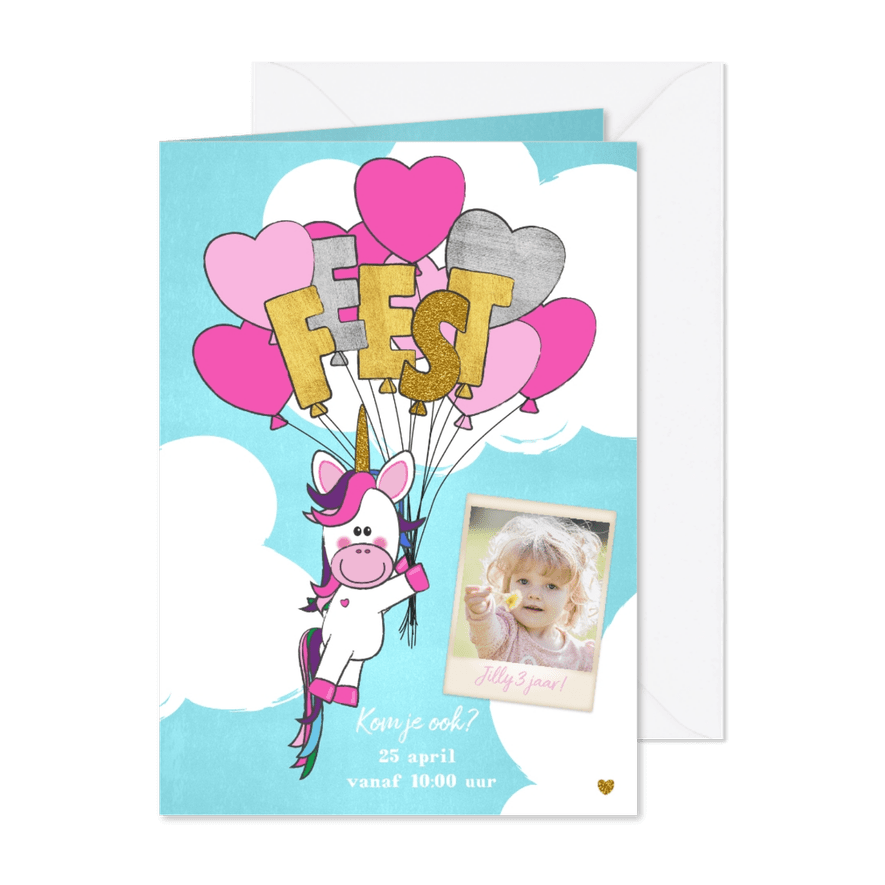 Uitnodiging trendy foto kaart met unicorn en ballonnen - Kaartimpressie