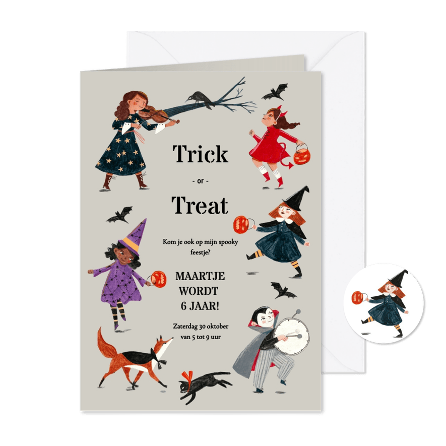 Uitnodiging Trick or Treat kinder verkleed optocht - Kaartimpressie