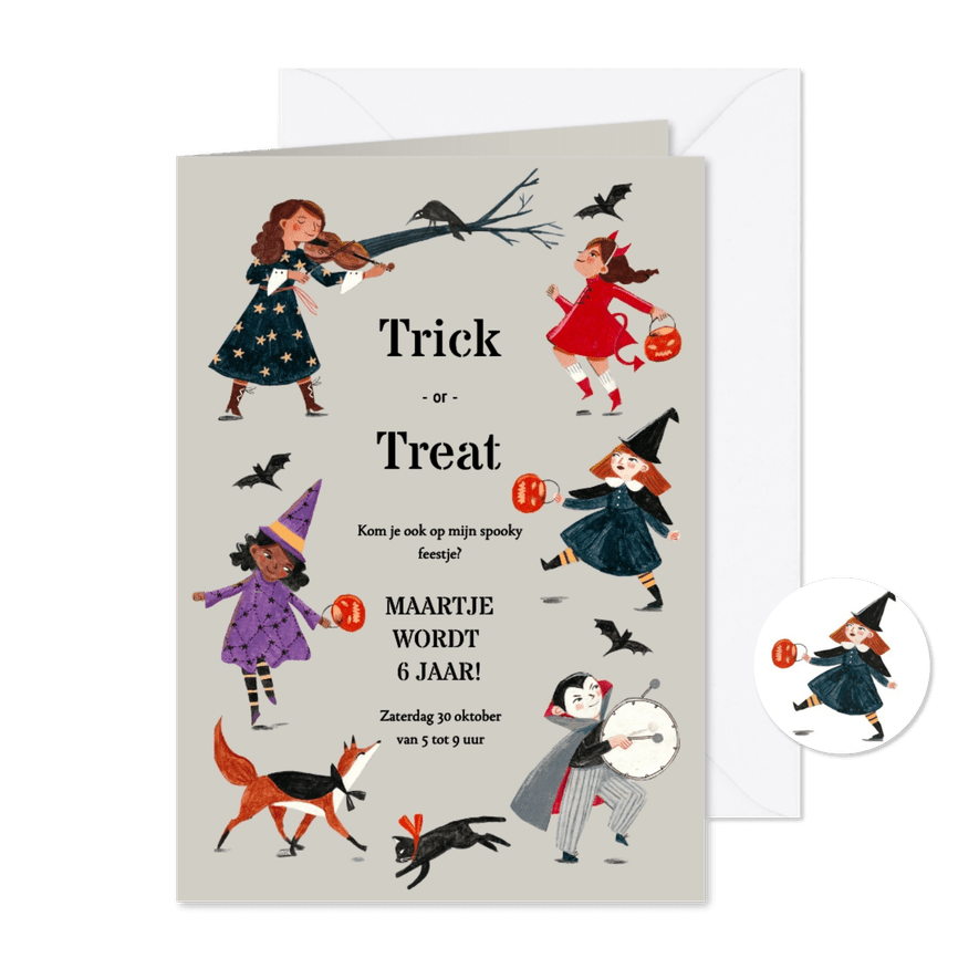 Uitnodiging Trick or Treat kinder verkleed optocht - Kaartimpressie