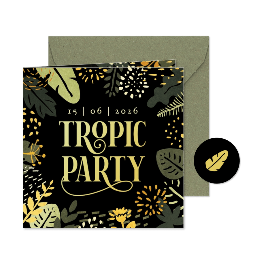 Uitnodiging tropic party gave typografie en tropische flora  - Kaartimpressie