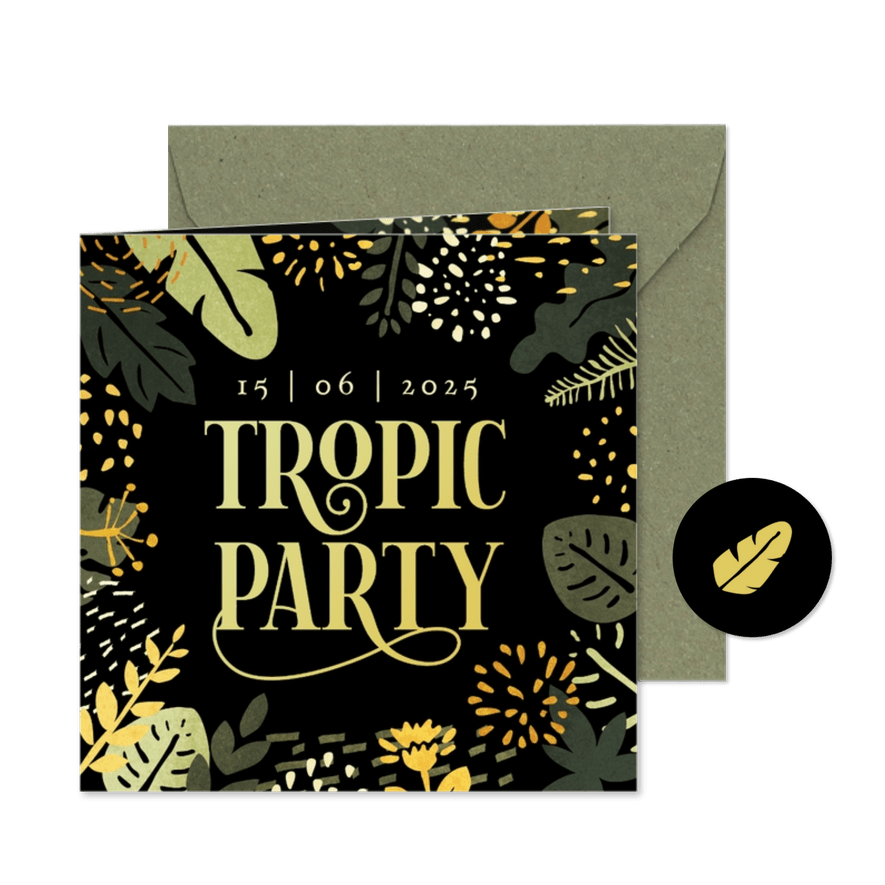 Uitnodiging tropic party gave typografie en tropische flora  - Kaartimpressie