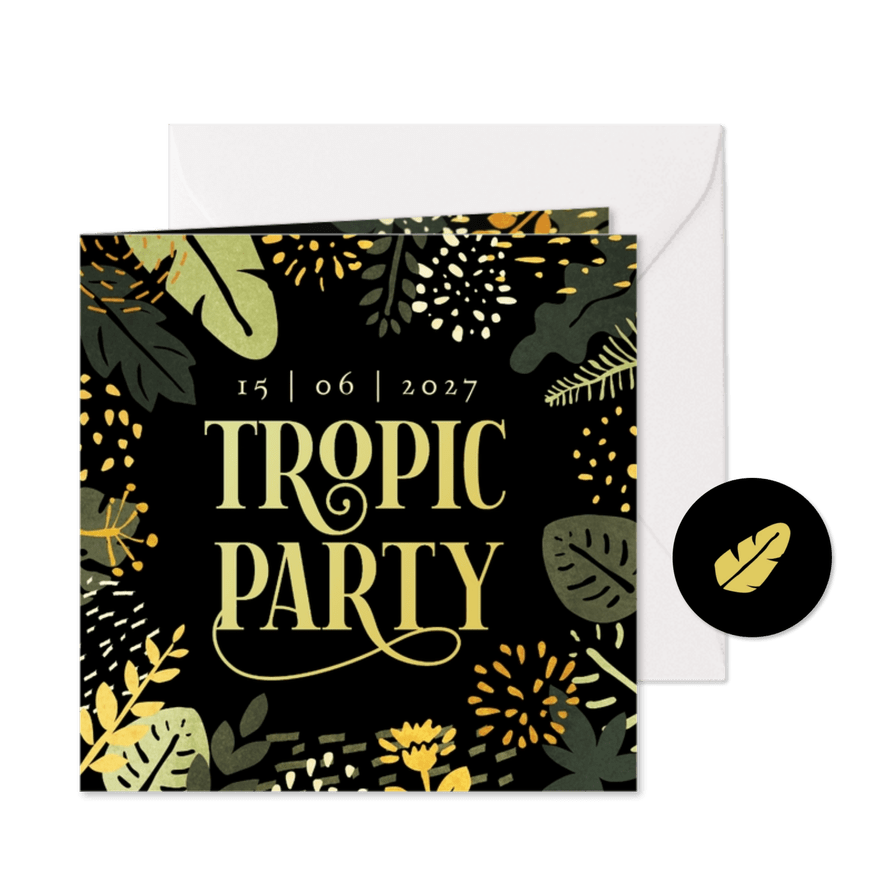 Uitnodiging tropic party gave typografie en tropische flora  - Kaartimpressie