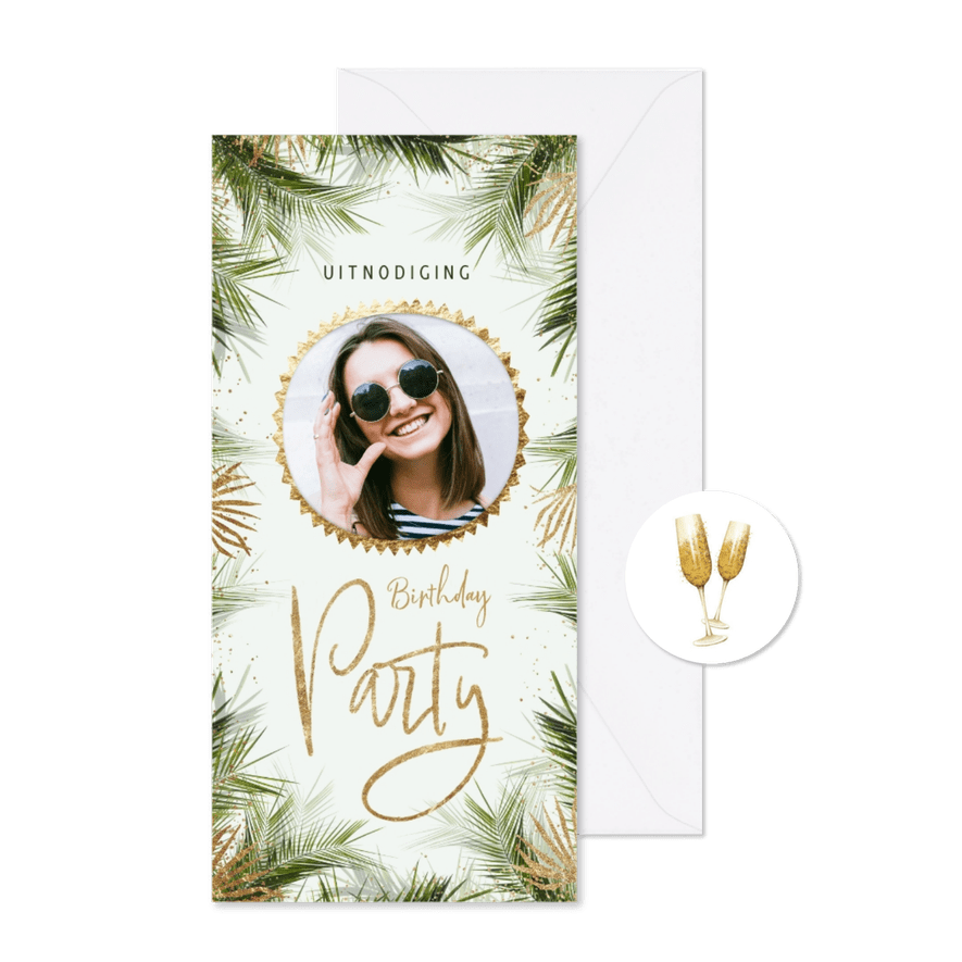 Uitnodiging tropisch feestje palmbomen foto zomer goud - Kaartimpressie