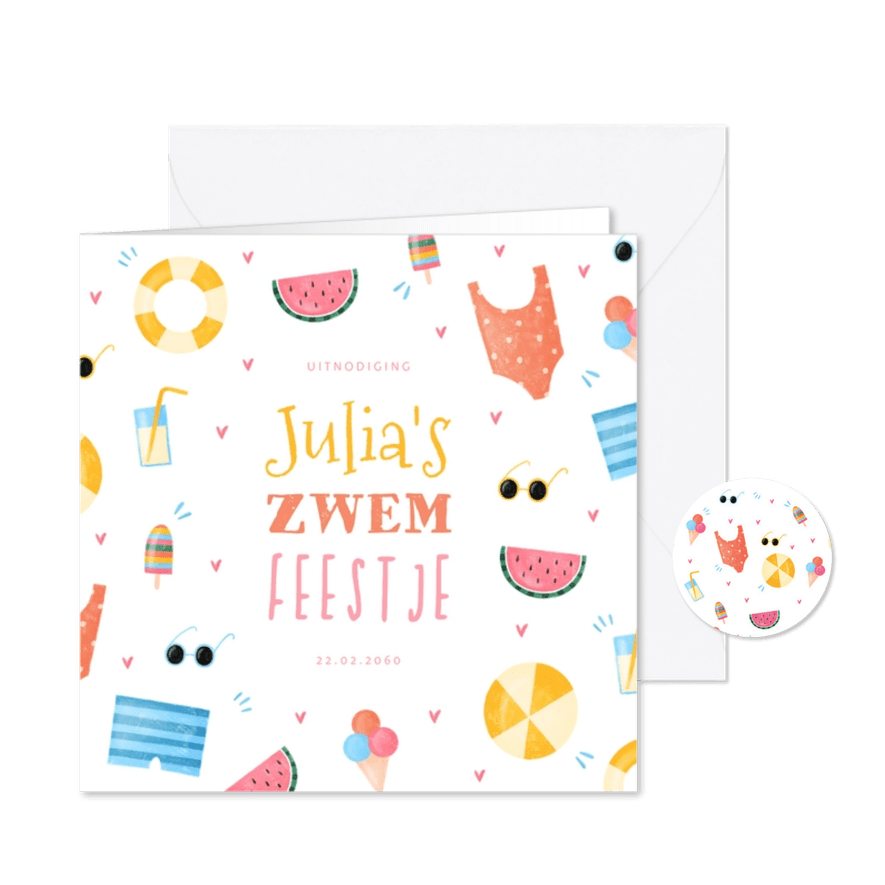 Uitnodiging tropisch zomer zwemfeestje  - Kaartimpressie