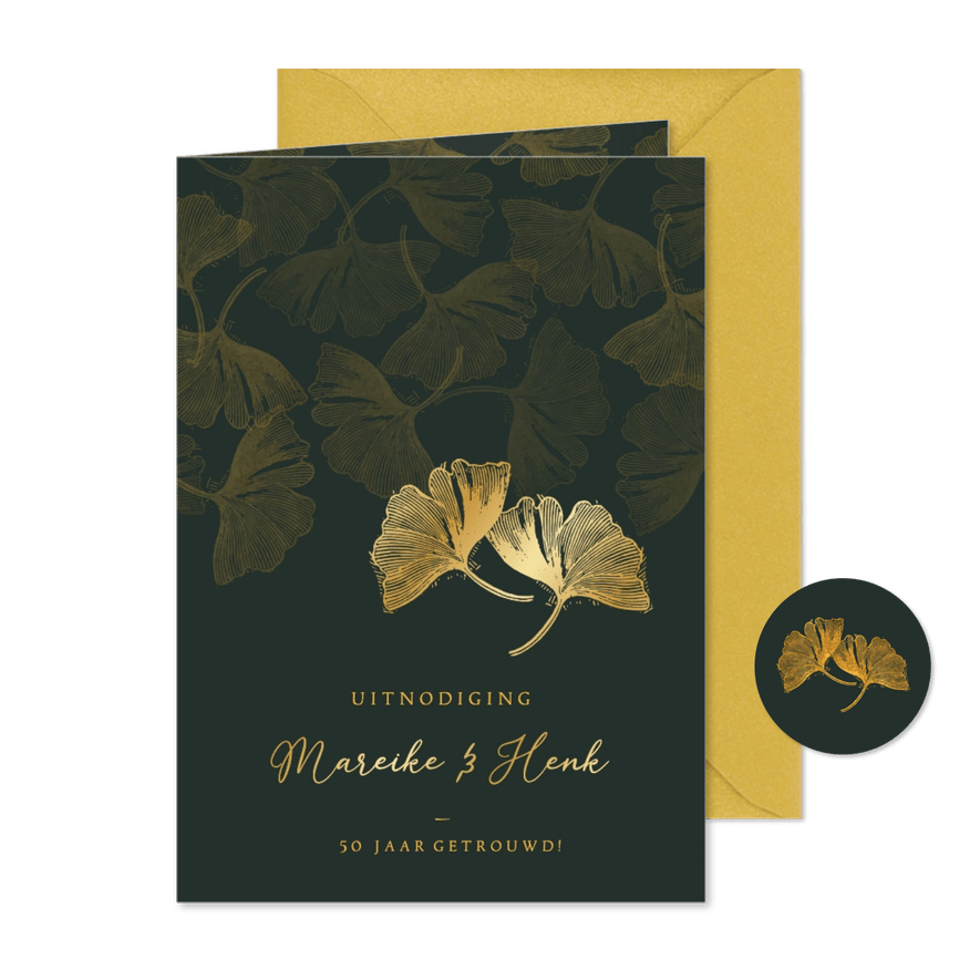 Uitnodiging trouwdag ginkgoblaadjes goud - Kaartimpressie
