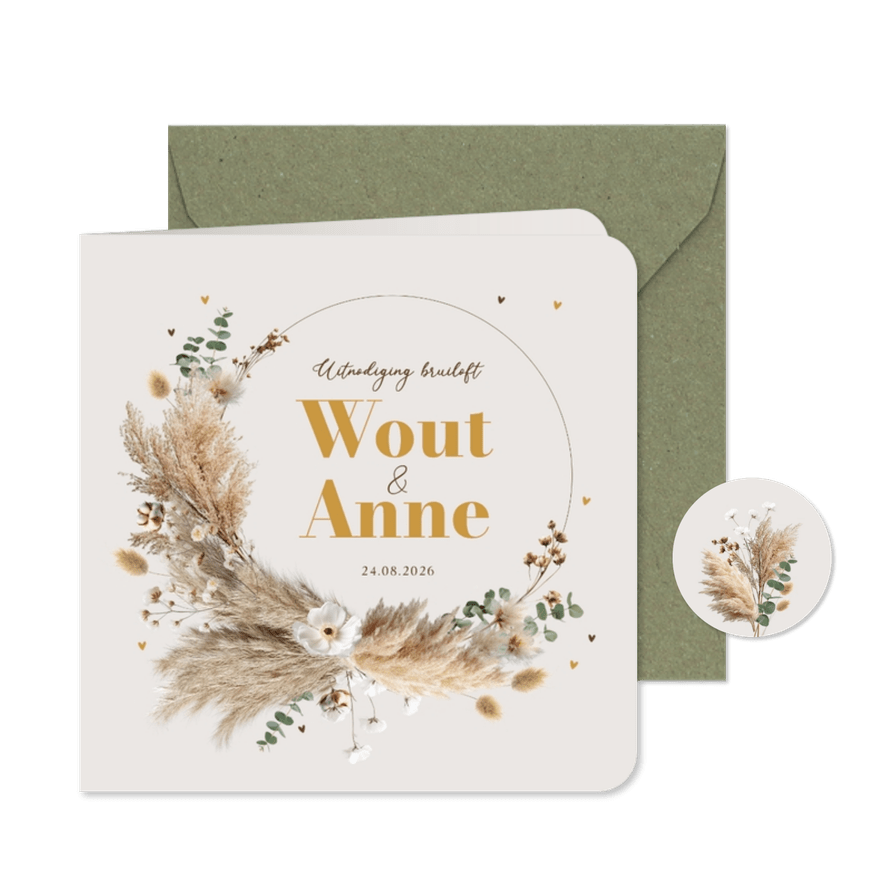 Uitnodiging trouwkaart boho krans pampas - Kaartimpressie