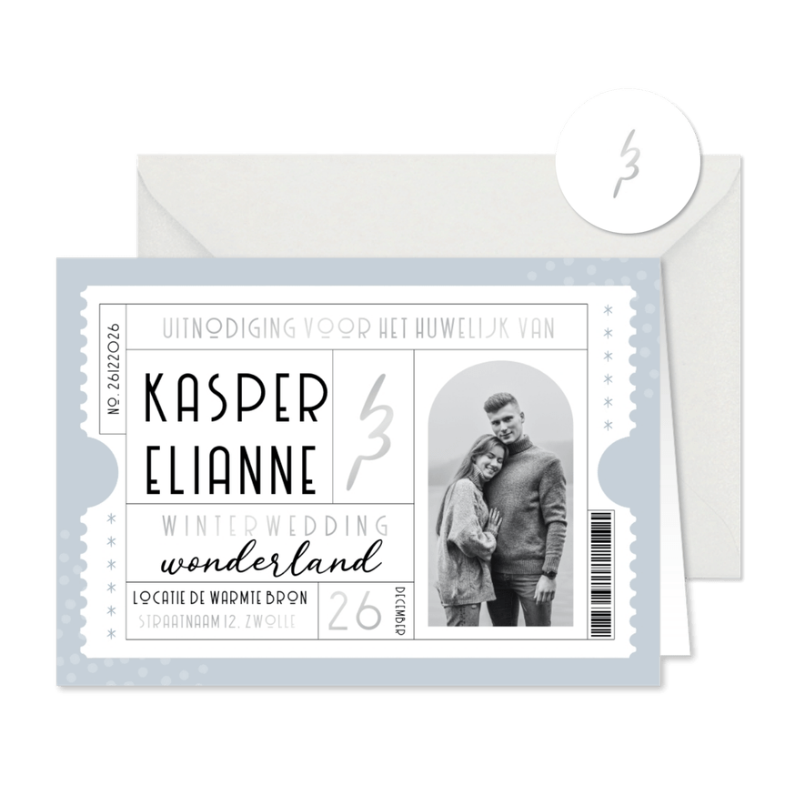 Uitnodiging trouwkaart winter wedding ticket blauw - Kaartimpressie
