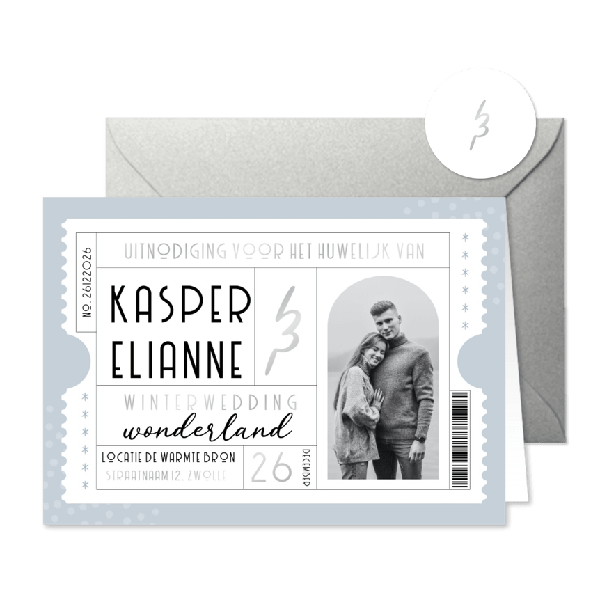 Uitnodiging trouwkaart winter wedding ticket blauw - Kaartimpressie