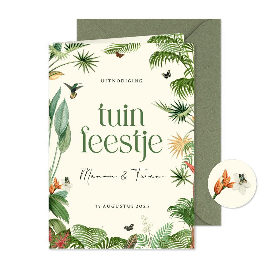 Uitnodiging tuin feestje met tropische planten en vlinders - Kaartimpressie