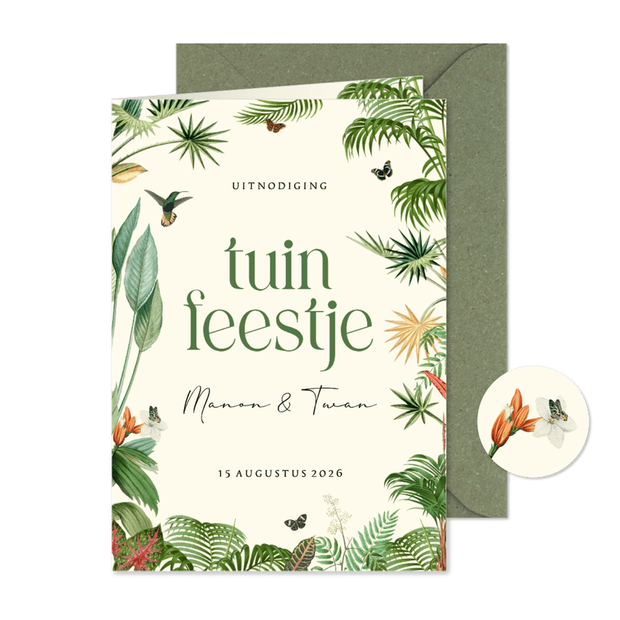 Uitnodiging tuin feestje met tropische planten en vlinders - Kaartimpressie