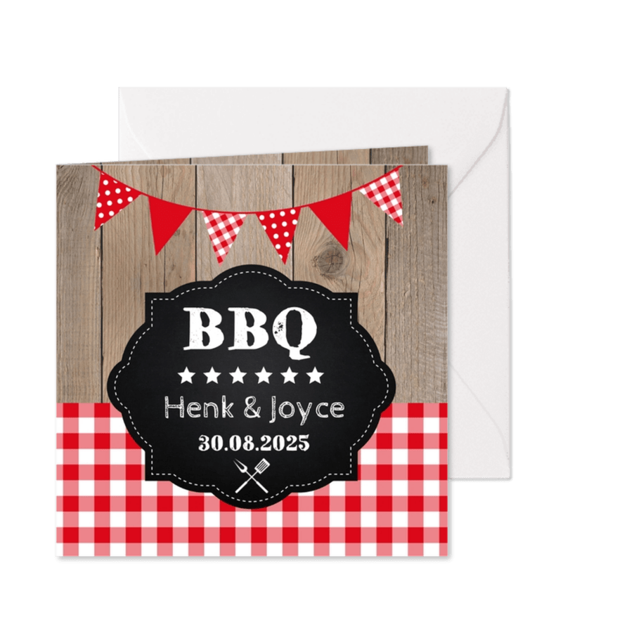 Uitnodiging tuinfeest BBQ houtprint slinger - Kaartimpressie