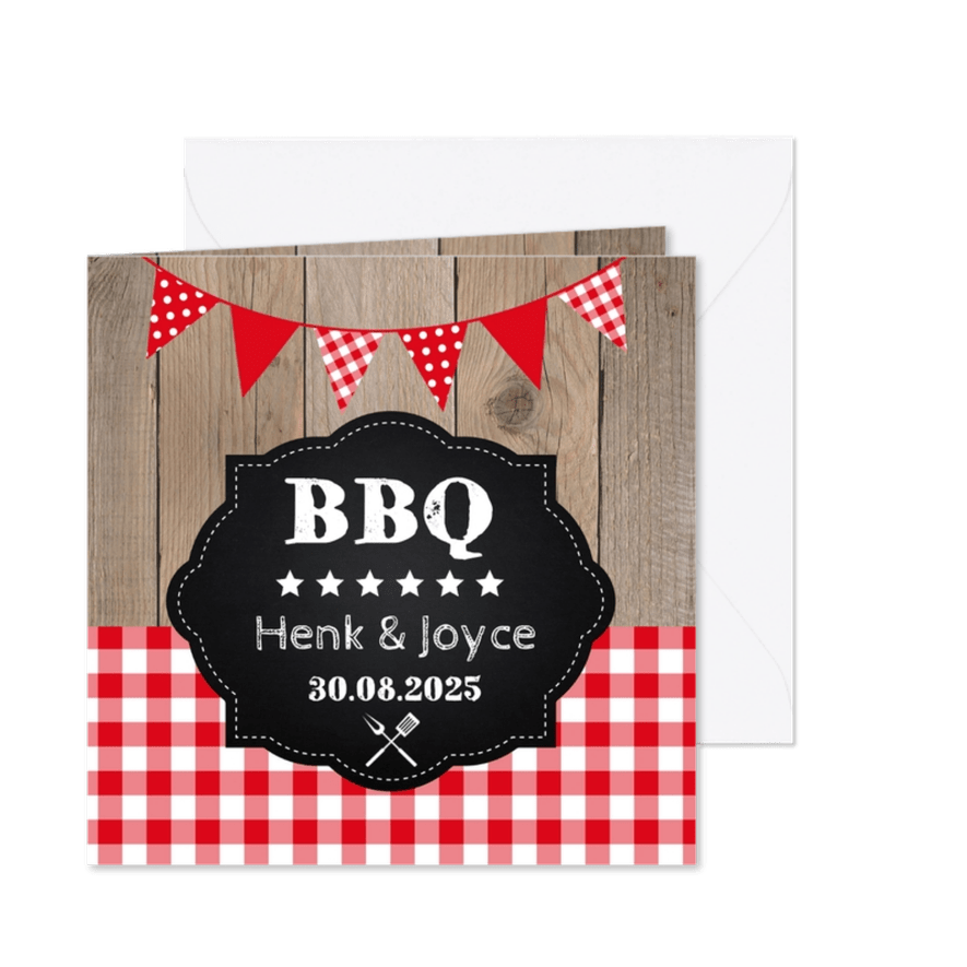 Uitnodiging tuinfeest BBQ houtprint slinger - Kaartimpressie