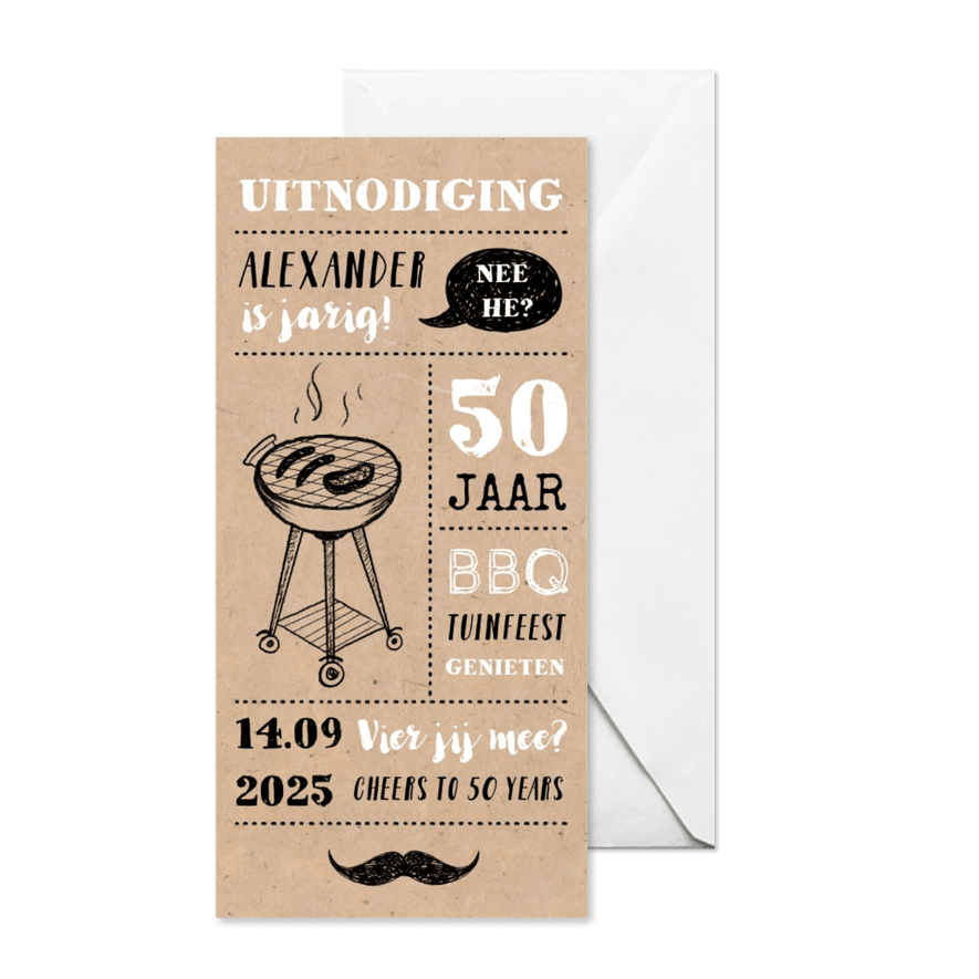 Uitnodiging tuinfeest/BBQ met illustraties op kraft papier - Kaartimpressie