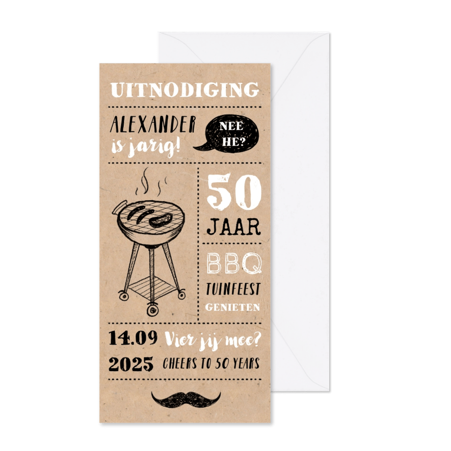 Uitnodiging tuinfeest/BBQ met illustraties op kraft papier - Kaartimpressie