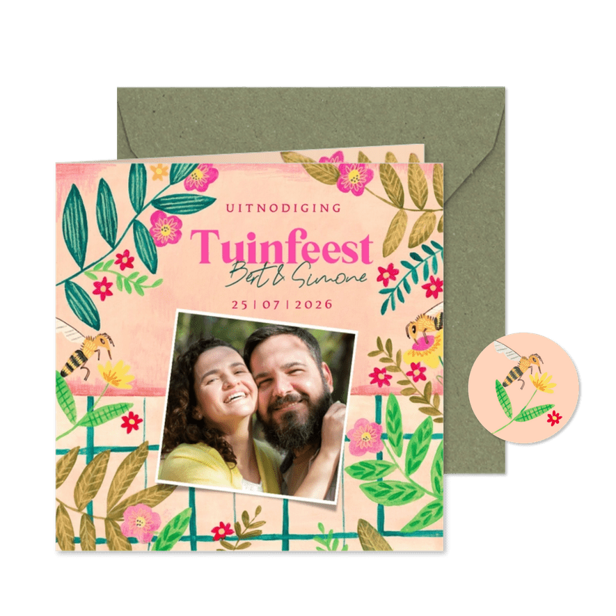 Uitnodiging tuinfeest bloemen en picknick kleed - Kaartimpressie