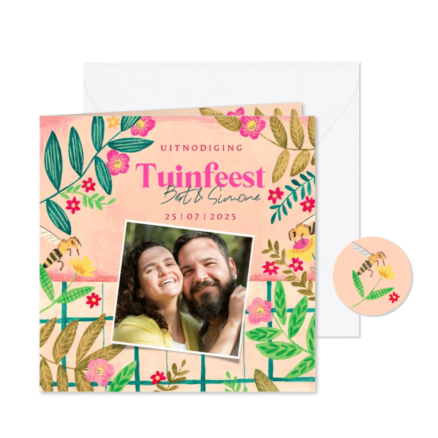 Uitnodiging tuinfeest bloemen en picknick kleed - Kaartimpressie