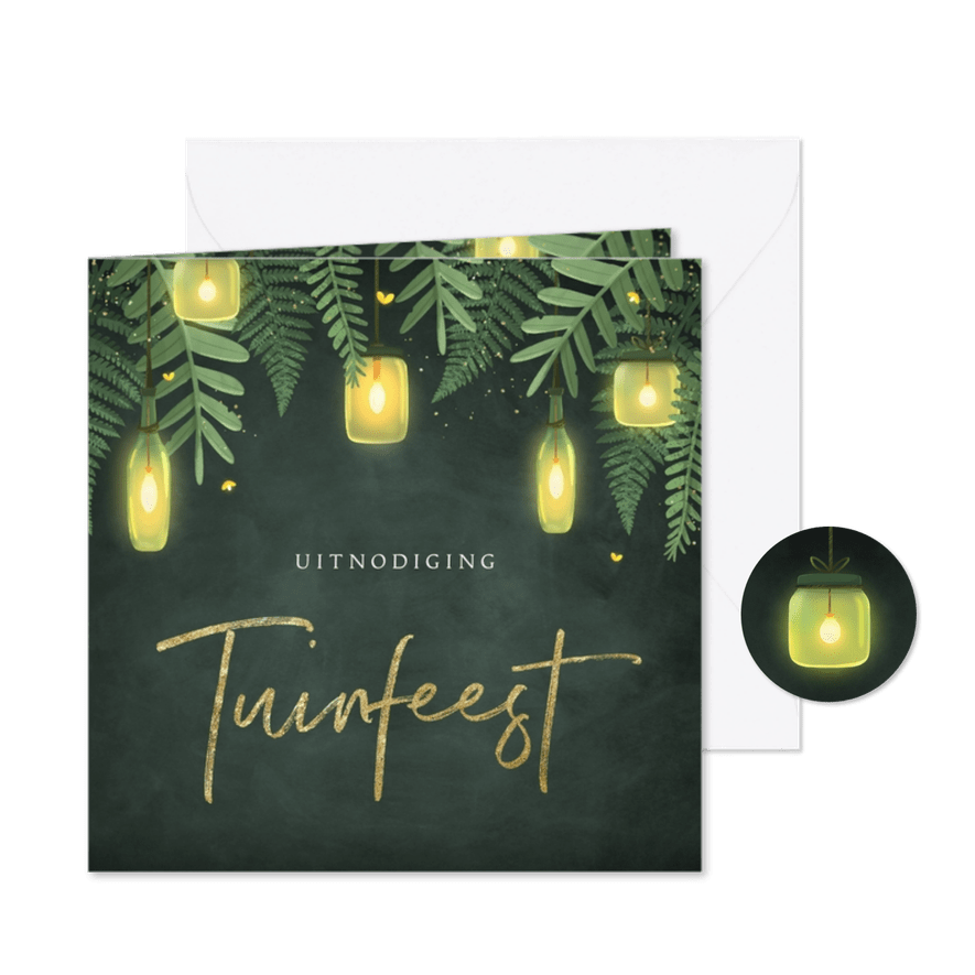 Uitnodiging tuinfeest botanisch lampjes vuurvliegjes - Kaartimpressie